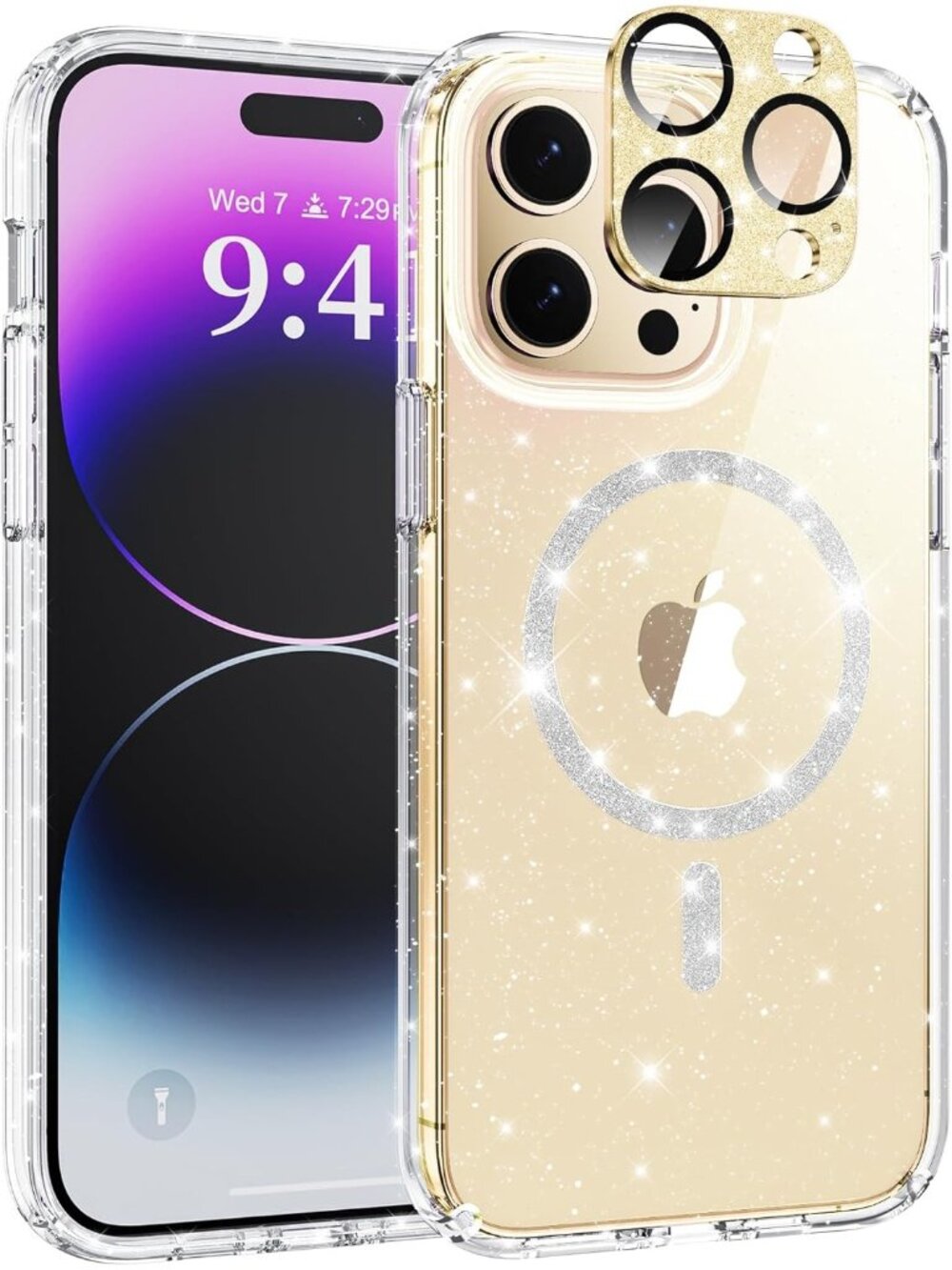 Glitter Clear Case for iPhone 14 Pro Max w/ Bling Camera Lens Protector, Non‑Yel